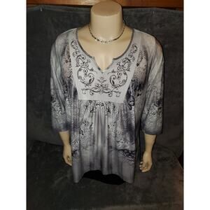 APT9 Blouse top Gray Scroll Print with Silver Studs Accents Tunic Size 2X